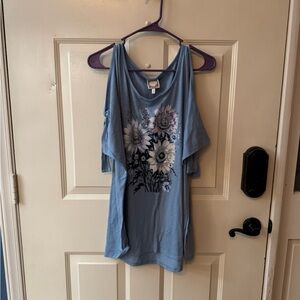 Sunflower Print Blue Women's Short Sleeve Top